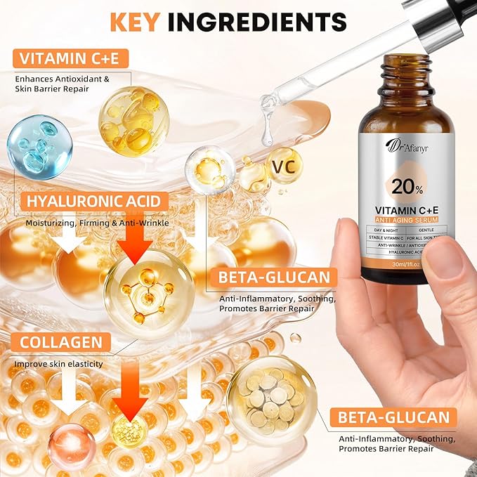 Vitamin C Serum for Face with Hyaluronic Acid & Vitamin E - Brightening Anti-Aging Serum & Dark Spot Corrector for Sensitive Skin, Hydrates Firms Lifts and Smooths Wrinkles & Age Spots