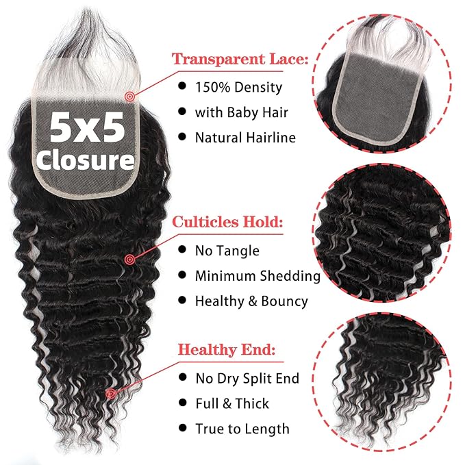 12A Human Hair 3 Bundles with 5x5 HD Lace Closure (18 20 22 +18) 100% Unprocessed Brazilian Virgin Remy Hair Deep Wave Human Hair Bundles with Closure Natural Color