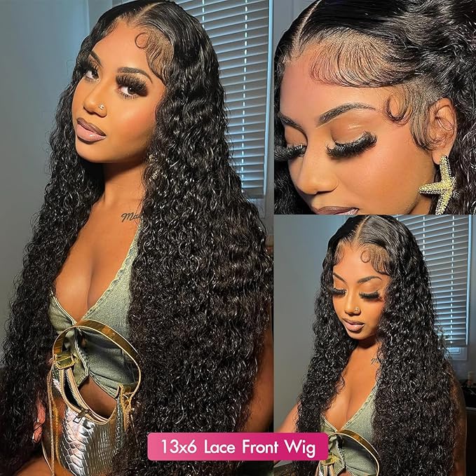 10 Inch 13x6 Water Wave Lace Front Wigs Human Hair Pre Plucked HD Transparent Lace Front Wigs Human Hair Water Wave Lace Frontal Wigs Human Hair Wigs for Women (Natural Black, 10 Inch)
