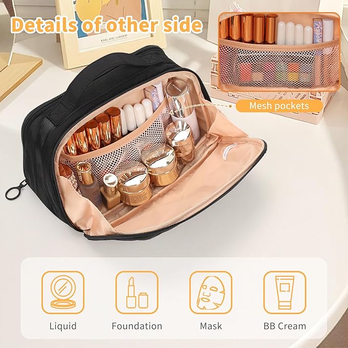 OCHEAL Travel Makeup Bag - Wide Open Cosmetic Bag for Women Make up with Two Compartments, Portable Lightweight Roomy Organizer Toiletry Bag for Girls Skincare tools Accessories-Black