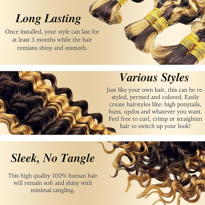 4/27 Honey Blonde Highlight Curly Human Hair Bulk, 24 Inch 100G FULL BULK Ombre Deep Wave Boho Braiding Hair, No Weft Human Hair Extensions for Boho Braids