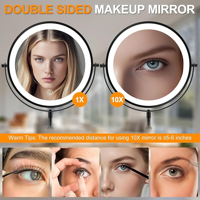 10x Large Lighted Makeup Mirror, Rechargeable 8.7" Double-Sided Vanity Mirror with 3 Color Dimmable Lights, 1X/10X Height Adjustable Magnifying Mirror, 360° Swivel, for Women Girl(Black)