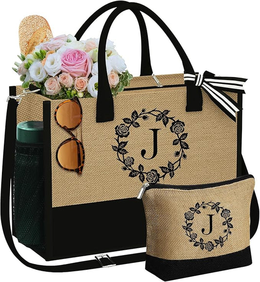 YOOLIFE Mothers Day Gifts - Initial Jute Tote Bag & Makeup Bag, Personalized Gifts for Women Mom Wife Teacher Friend Birthday