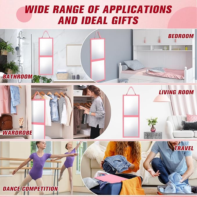 Travel Hanging Mirror 33.5 x 13.4 Inch Dance Bag Mirror Backstage Foldable Hanging Christmas for Gifts Dance Bag Dancers Artists Aestheticians Home Spa Events(Pink)