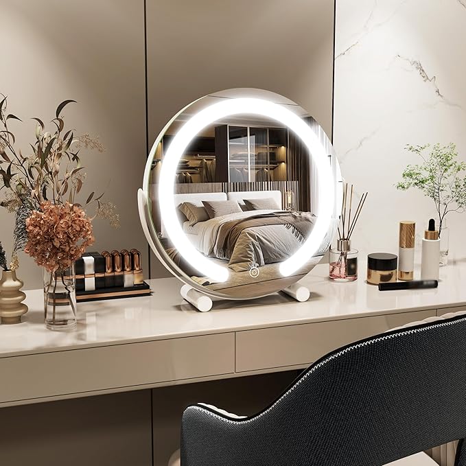 FENNIO Vanity Mirror with Lights, 13 inch COB LED Lighted Makeup Mirror, Round Makeup Mirror with Lights with 3-Color Lighting, 360° Rotation, Dimmable for Tabletop, Bedroom