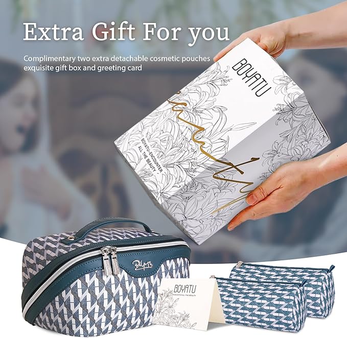 BOYATU Travel Makeup Bags for Women: Large Capacity Cosmetic Bag Set of 3 - Vegan Leather Make up Bags with Compartments - Wide Open Waterproof Toiletry Organizer Bag with Handle (E-01-Royal blue)