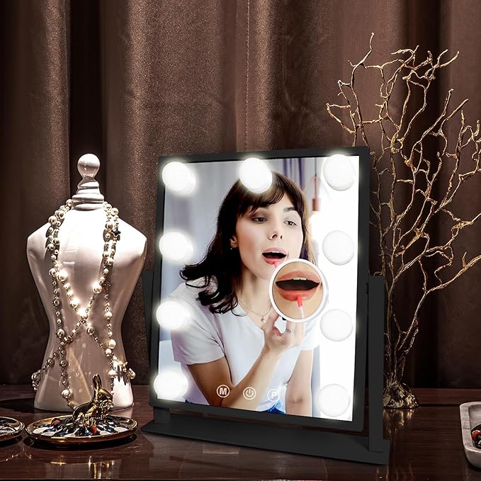 10" x 12" Vanity Mirror with Lights, 360°Rotation Tabletop Makeup Mirror with 9 LED Lights Bulbs, Portable Travel Mirror with 3 Color Lighting Modes, Mirror with Lights for Bedroom, Black