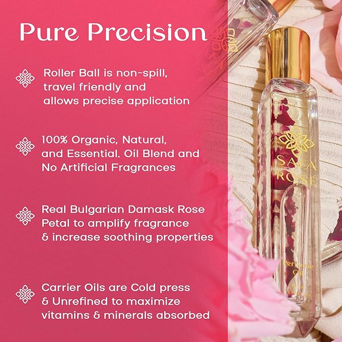 SAFA Rosé Organic Rose Oil Perfume Roller | Bulgarian Damask & Indian Rose Petals | 10 mL Fragrance Oil for Women & Men | Non-Toxic, Alcohol-Free, Natural Perfume Oil Roll-On