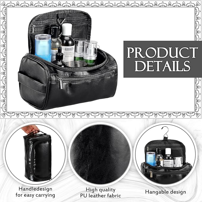Aliceset 6 Pcs Groomsmen Gift Groomsmen Toiletry Bags Set of 6 Leather Toiletry Bag for Men with Hook Leather Wedding Proposal Bag with Side Handle Father Gift(Black)