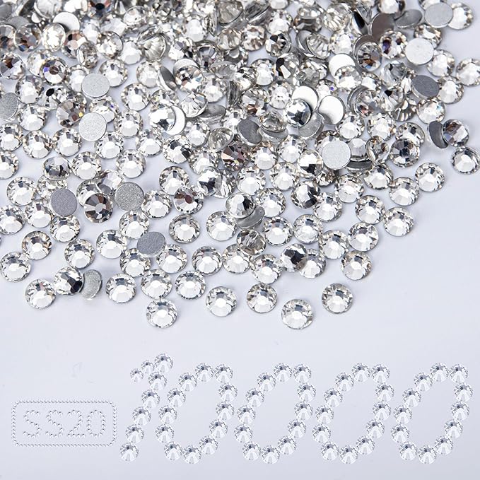10000PCS Clear Rhinestones Bulk, Flat Back Crystal Glass Stone Round Gems,SS20, 4.6-4.8mm