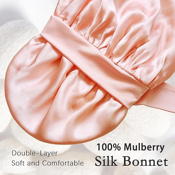 100% Mulberry Silk Bonnet for Sleeping Women, Real Silk Bonnets with Tie Band, Double-Layer Sleep Cap for Braids Curly Hair