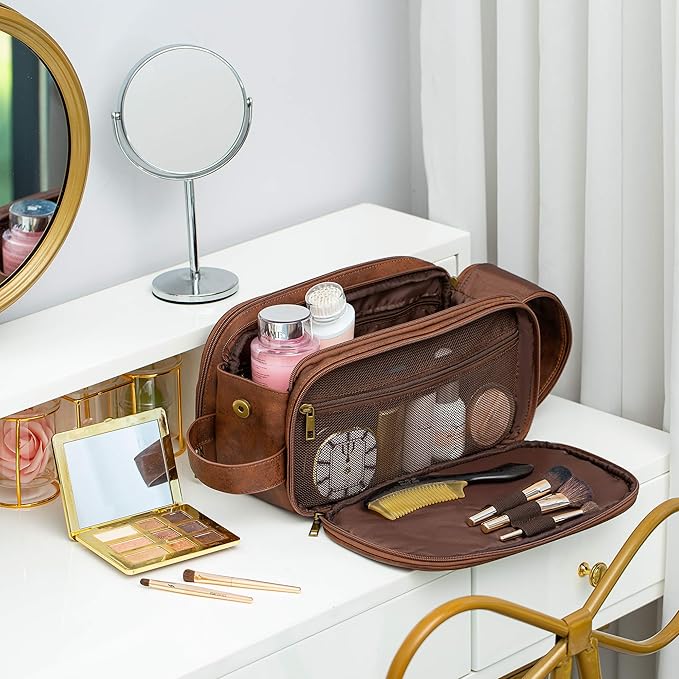 Elviros Travel Toiletry Bag for Men, Shaving Dopp Kit Water-resistant Bathroom Small Toiletries Organizer PU Leather Cosmetic Bags