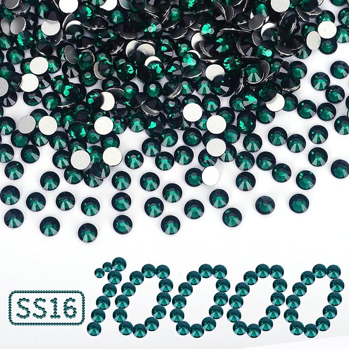 10000PCS Emerald Rhinestones Bulk, Flat Back Crystal Glass Stone Round Gems,SS16, 3.8-4.0mm