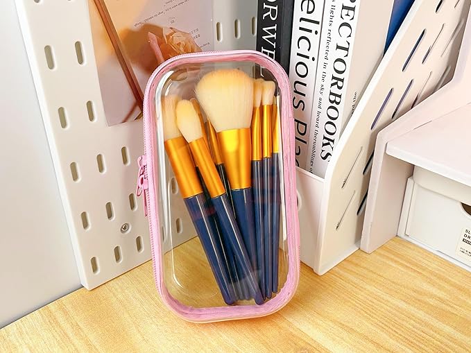 3PCS Clear Zipper Cases, Portable Clear Organizer Pouches for Travel, Double Zippered Hard Shell Plastic Case, Cosmetic Bag for Make Up Tools, Toiletries, Toy Storage (Pink, 1 Pack)