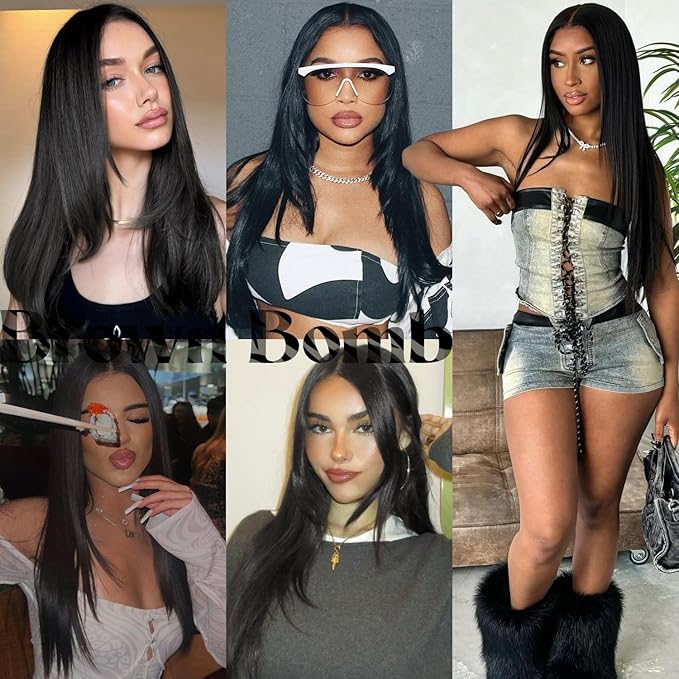 Black Wear and Go Glueless Wigs Pre Plucked Pre Cut for Beginners Long Layered Straight Synthetic Lace Front Wigs with bangs 26 Inch Natural 1B 3 Seconds to Wear for Beginners