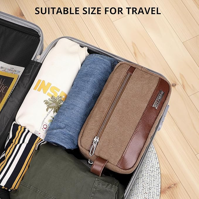WITZMAN Canvas Toiletry Bag for Men Hanging Dopp Kit Organizer Water-resistant Travel Toiletries bag Men Bathroom Bag with Wet Pocket(A8001 Brown)