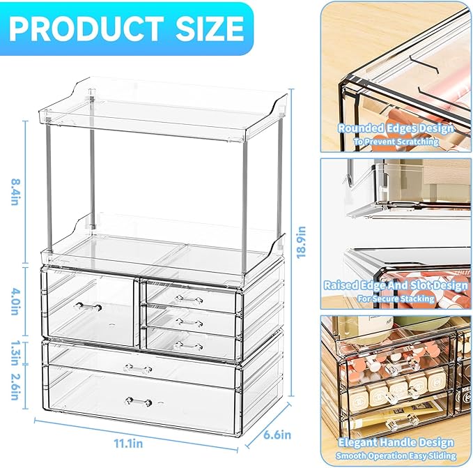 3 Tier 6-Drawer Bathroom Counter Organizer Shelf - Stackable Design - 18.9" Tall Large Cosmetic Organizer Suitable as Makeup,Beauty,Face Product,Lotion,Skincare Organizer,Clear