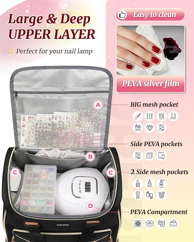YOREPEK Extra Large Nail Polish Organizer Case Backpack Holds 96 to 100+ Bottles(15ml/0.5 fl.oz) UV Nail Lamp,Nail Organizers and Storage with 2 Removable Pouches Fits Nail Stuff,Gift for Manicurist