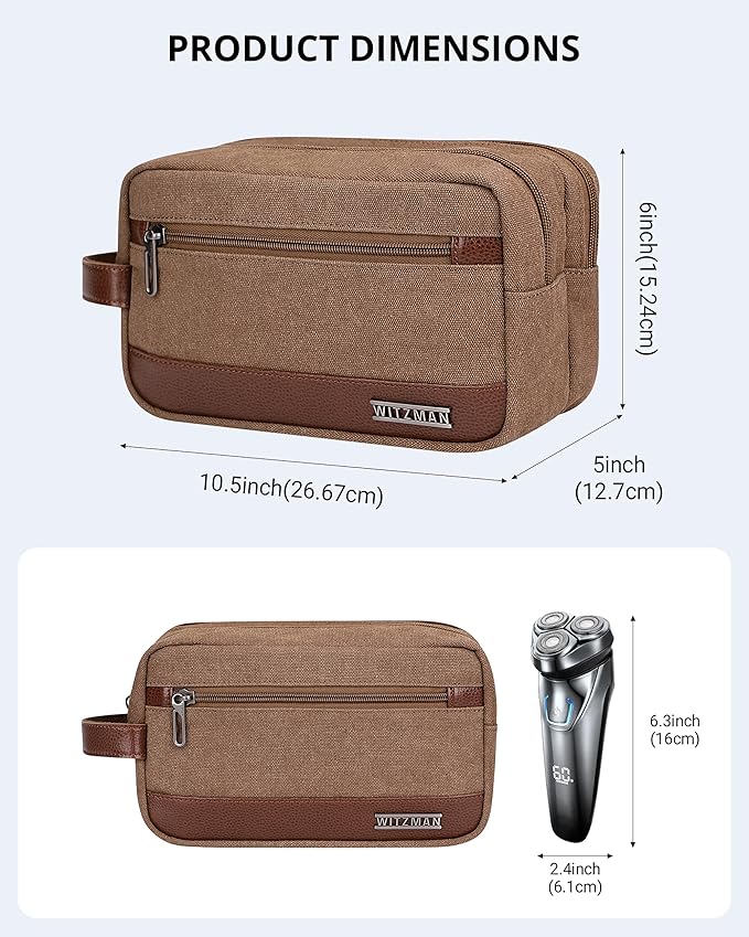 WITZMAN Canvas Toiletry Bag for Men Hanging Dopp Kit Organizer Water-resistant Travel Toiletries bag Men Bathroom Bag with Wet Pocket(A8001 Brown)