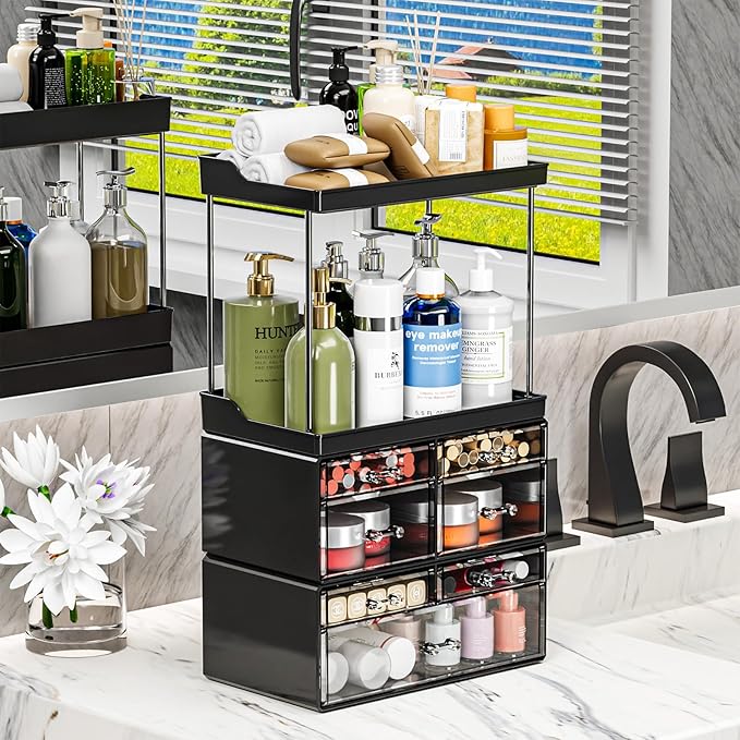 3 Pack Bathroom Organizers and Storage Countertop With 7 Drawers,Stackable Vanity Drawer Organizer for Makeup,18.9" Tall Large Capacity Skincare Organizer and Exquisite Makeup Organizer,Black