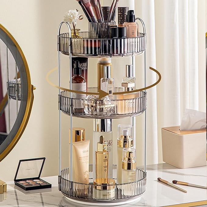 Aveniee 360° Rotating Makeup Organizer for Vanity, Upagraded Perfume Skincare Bathroom Counter Organizers with Brush Divider, 3 Tier Spinning Lipstick Cosmetic Makeup Lotion Storage Organizer (Grey)