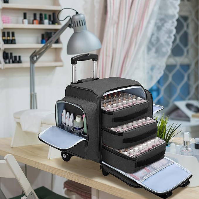 BAFASO Rolling Nail Polish Organizer Holds 144 Bottles, Nail Polish Case with a Detachable Dolly and 3 Removable Cases (Patented Design), Black