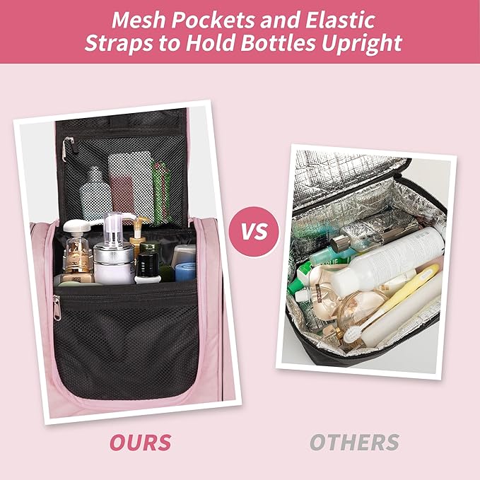 SPLF Extra Large Hanging Travel Toiletry Bag for Women, Water-resistant Toiletry Bags for Traveling, Makeup Cosmetic Bathroom Travel Bag for Toiletries, Shampoo, Full Sized Container- Pink