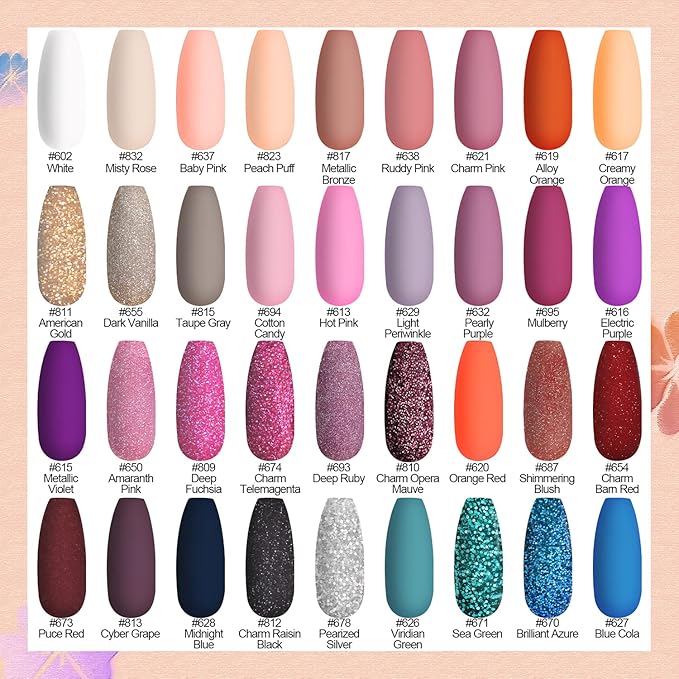 Lavender Violets 42 Pcs Gel Nail Polish Set, 36 Colors with 6 Bottles of Base Top Coat, Glossy Matte Diamond Shine Glow in the Dark Top Coat All Season for Nail Art Designs C952