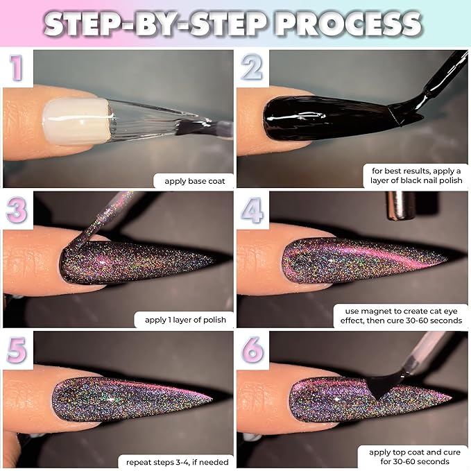 Universal Cat Eye Gel Polish, Clear and Black Base, 6 Shades with Magnetic Stick Varnish Nail Art Nail Salon Manicure 1 Bottle 10ML(0.33fl.oz) sparkling gel DIY