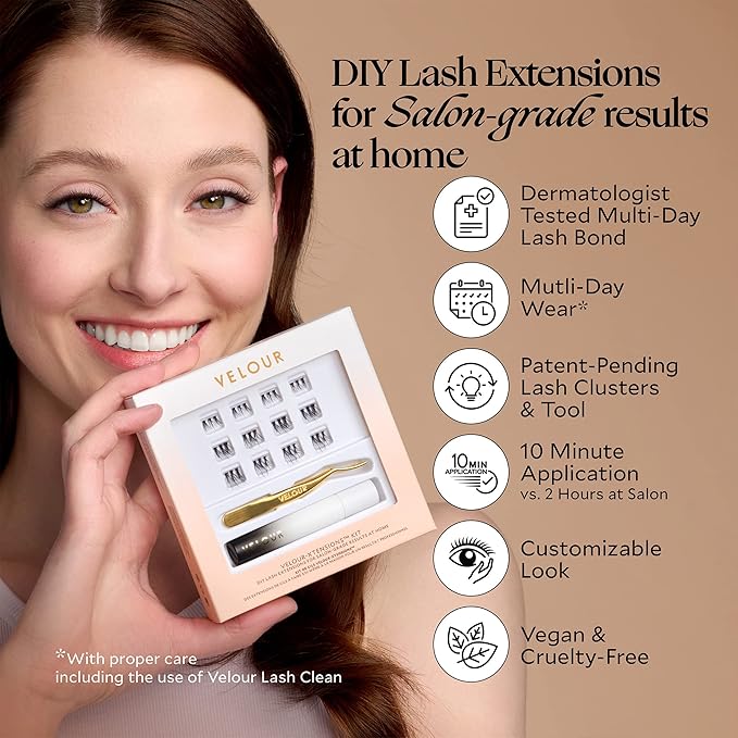 Velour-Xtensions™ Lash Clusters Kit, DIY Lash Extension Set at Home, Salon Quality Lashes in 10 Minute, Includes 12 Eyelash Clusters (10mm-14mm) + Lash Bond + Lash Applicator, Individual Lashes Kit