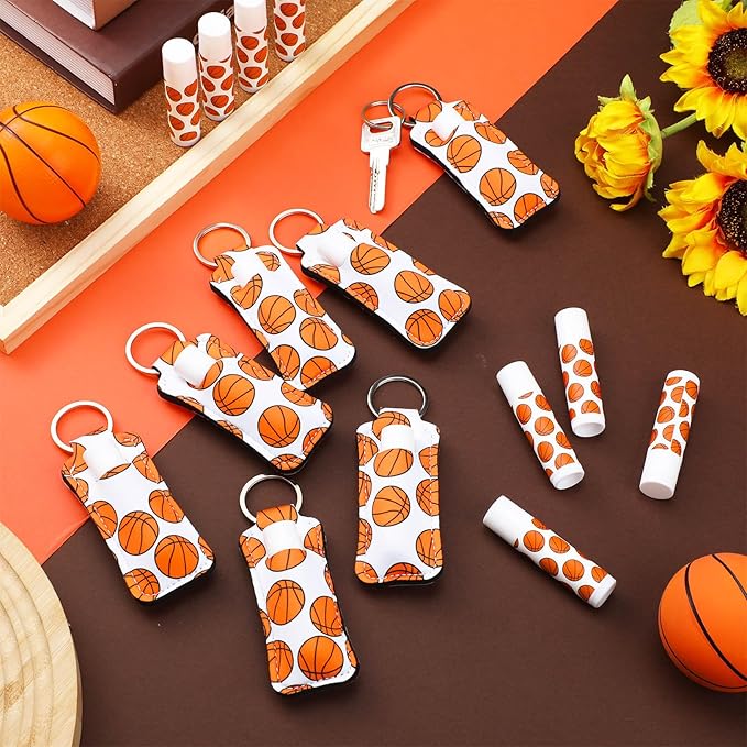 18 Sets Party Favors Lip Balm and Lipstick Holder Keychain Bulk Sport Ball Team Gifts Natural Moisturizing Lip Balm Keychains Pouch for Team Gifts Sports Party Supplies(Basketball)