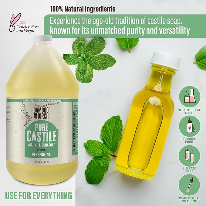 Pure Castile Soap Liquid Organic, Certified Palm Oil Free Natural Soap, Peppermint, 64 oz