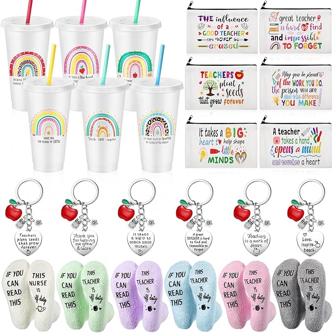 24 Pcs Teacher Appreciation Gift from Students 2025 Teachers' Day Thank You Gifts Bulk 24 oz Plastic Tumbler Cup Makeup Cosmetic Bag with Zipper Crew Sock Keychain for Retirement(Rainbow)