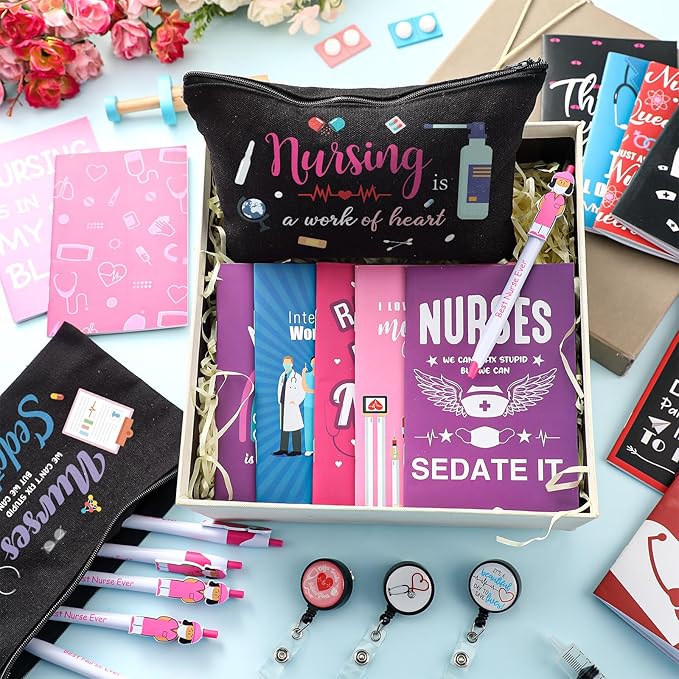 Yeaqee 48 Pcs Nurse Week Gifts 2025 Nurse Appreciation Gifts Set Include Makeup Cosmetic Bag Pocket Journal Notebooks Ballpoint Pens Badge Reel for Nursing Students Supplies(Black,Nursing)