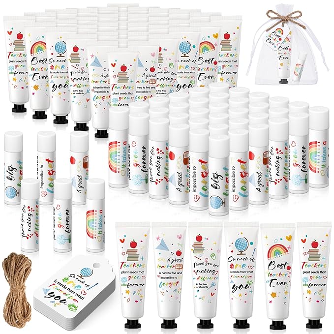 48 Set Teacher Appreciation Gifts Lip Balm Hand Cream Thank You Gifts with Cards Organza Bags Travel Size Moisturizing Hand Lotion for Dry Crack Hand Teachers' Day