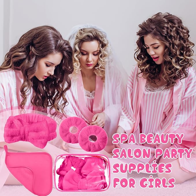 24 Pieces Sleepover Party Supplies Spa Party Favors 6 Spa Headband 6 Velvet Scrunchies 6 Makeup Remover Cloth 6 Clear Cosmetic Bags for Slumber Gift(Rose Red)