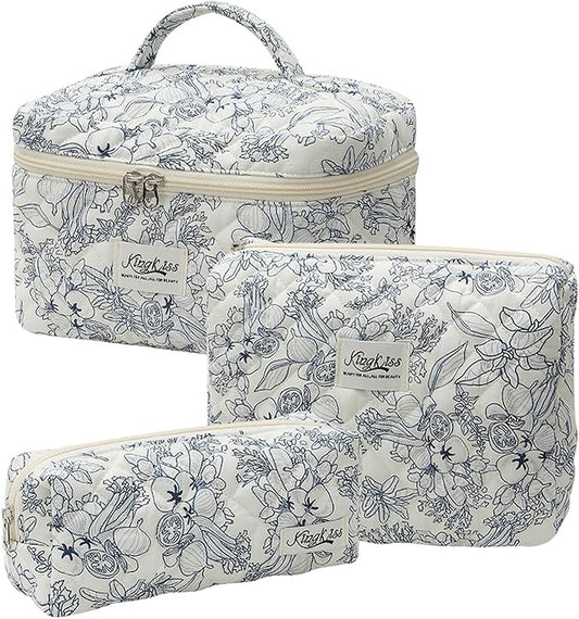 Quilted Floral Makeup Bag 3PCS, Cute Cotton Coquette Aesthetic Travel Toiletry Bag, Zipper Cosmetic Pouch, Daily Travel Use Skincare Bag, Large Capacity (Blue Ink Floral)