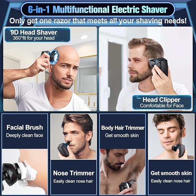 9D Head Shavers for Bald Men, Electric Shaver for Men,6 in 1 Mens Grooming Kit with Nose Hair Trimmer, Beard Trimmer,Waterproof Wet/Dry Rotary Shaver,Gift for Father, Husband, Boyfriend(Blue)