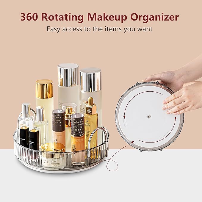 360° Rotating Makeup Organizer, Bathroom Make Up Spinning Holder Rack, Large Capacity Cosmetics Storage Vanity Shelf Countertop, Fits Cosmetics, Perfume, Skincare, Lipsticks(1 Tier, Gray)