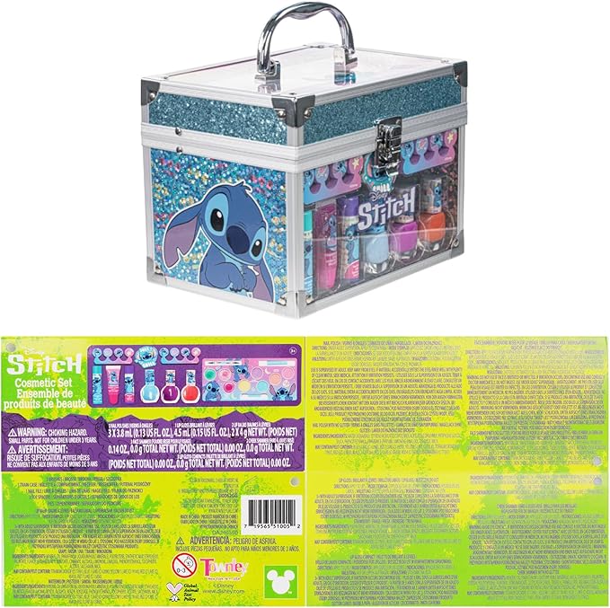 Stitch Train Case Beauty Set, Kids Makeup Kit for Girls, Real Washable Makeup Set, Play Makeup, Party Favor, Birthday, Ages 3 4 5 6 7 8 9 10 11 12 by Townley Girl