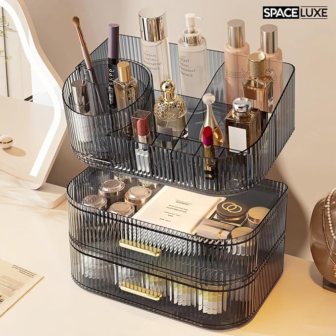 Makeup Organizer with Drawers and 360° Rotating Brush Holder, Large Capacity Cosmetic Storage for Vanity, Skincare, Perfume, Hair Accessories, Lipstick & Jewelry (Transparent Gray, 3-layer)