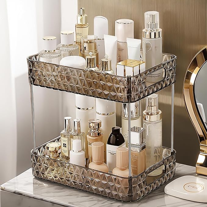 Makeup Organizer for Vanity,Bathroom Countertop Skincare Organizer,Makeup Counter Shelf Perfume Holder Rack,Cosmetic Display Case(Clear Black, 2 Tier)