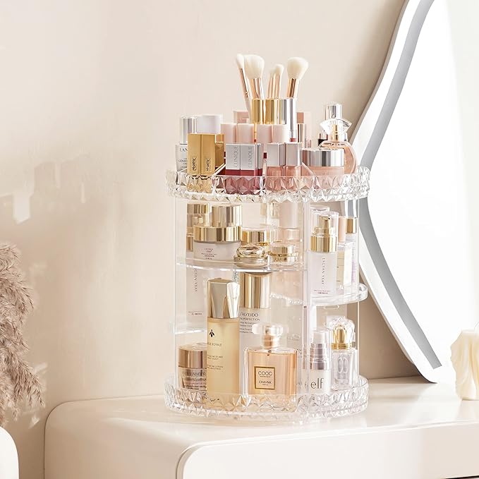 HBlife 360 Rotating Makeup Organizer Adjustable Carousel Diamond Large Capacity Revolving Perfume Organizer Skincare Organizers Cosmetic Storage Spinning Holder for Vanity, Plus Size Clear