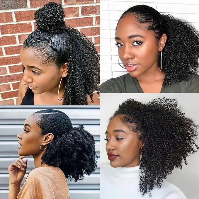 Afro Puff Drawstring Ponytail Human Hair Afro Kinky Curly Drawstring Ponytail 4C for Black Women Natural Black Extension Human Hair 12 Inch