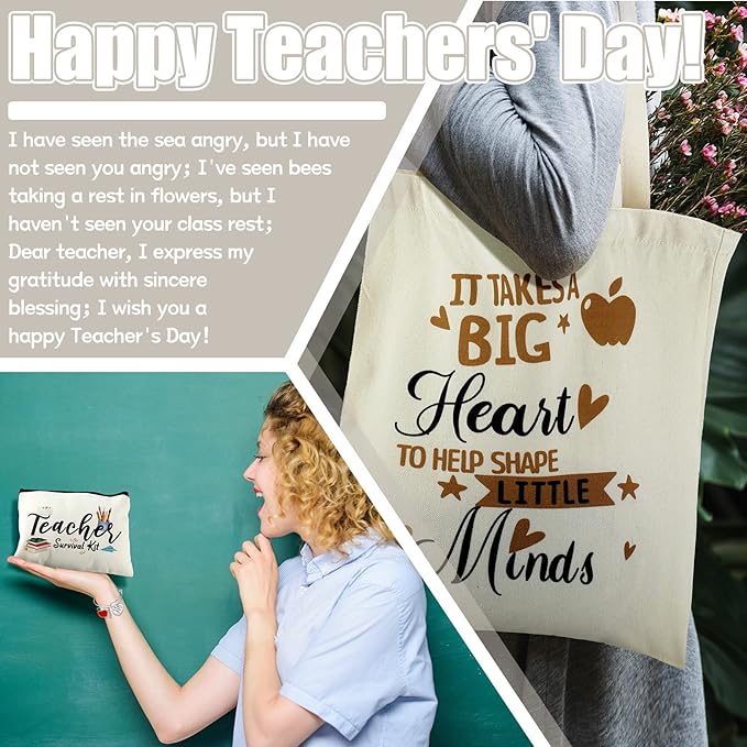 9 Pcs Teacher Appreciation Gifts Sets Teacher Makeup Pouch Cosmetic Bag Teacher Tote Bag Bulk Canvas Teacher Bangle Bracelet Teacher's Day Birthday Graduation Back to School Gift for Teacher