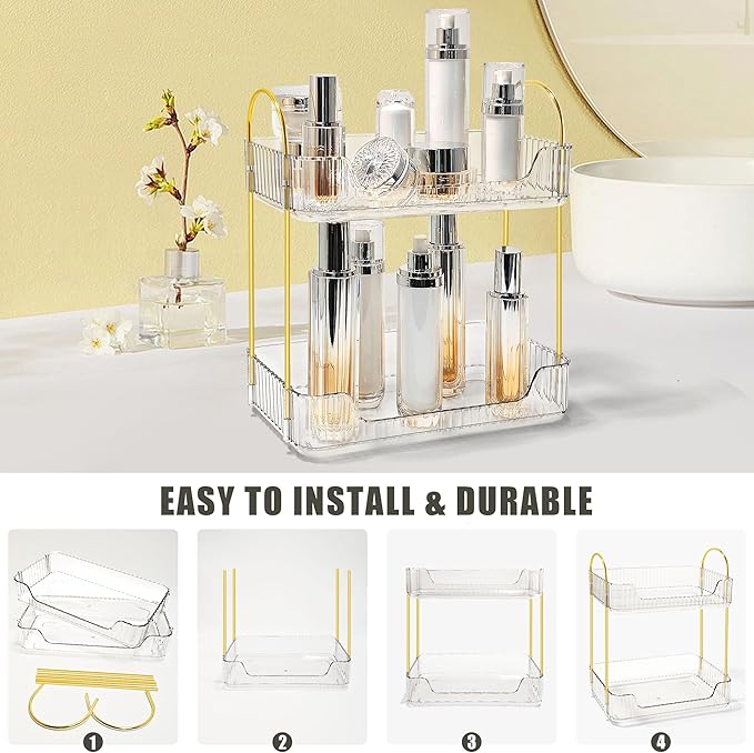 Bathroom Counter Organizer Countertop Storage Skincare Countertop Makeup Organizer Cosmetics Skincare Organizers Holder for Perfume-Clear-Golden Pole