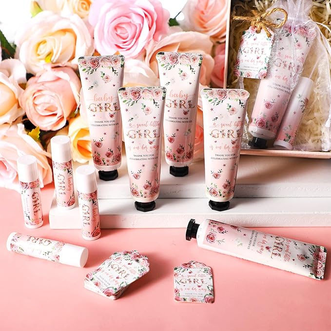 192 Pcs Baby Shower Gifts for Guests Prizes Include 48 Hand Cream and 48 Lip Balm Bulk Bridal Wedding Party Gifts Favor Travel Hand Lotion with Organza Bags Tags for Guests(Baby Girl)