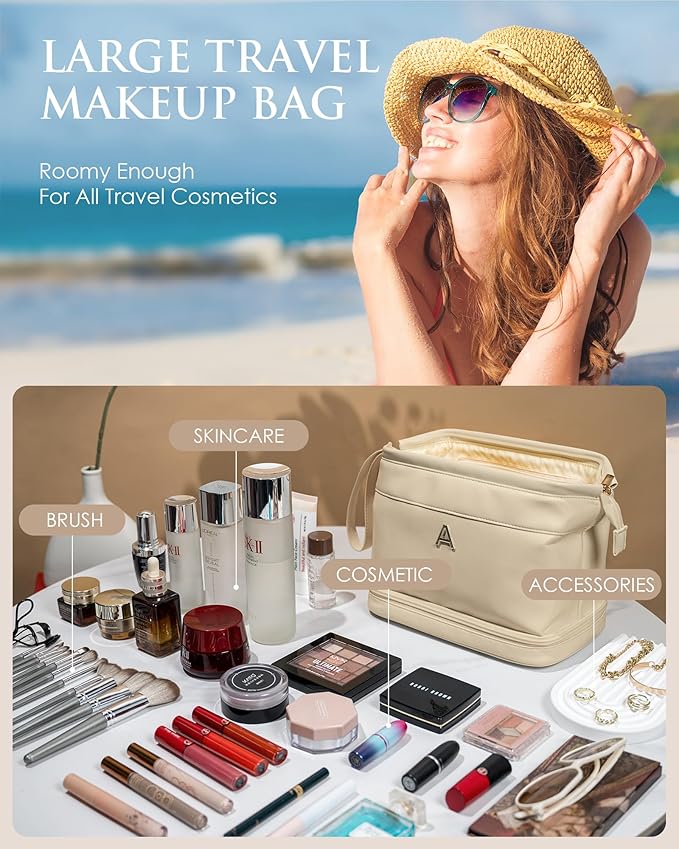Wedding Gift Initial Makeup Bag, Personalized Double Layer Cosmetic Bag with Makeup Brush Organizer, Waterproof, Large Capacity PU Leather Travel Toiletry Bag Retirement Gifts, Daughter Gifts