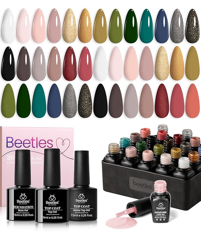 Beetles 23Pcs Spring Gel Nail Polish Kit with Base Gel Top Coat, Pink Nude Grey Green White Black Glitters Gel Polish Set Soak off UV Led Gel Nail Art New Year Gift for Girls Women Lucky Tarot