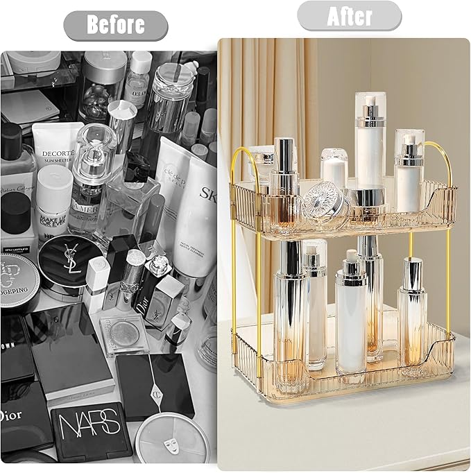 Bathroom Counter Organizer Countertop Storage Skincare Countertop Makeup Organizer Cosmetics Skincare Organizers Holder for Perfume-Amber-Golden Pole